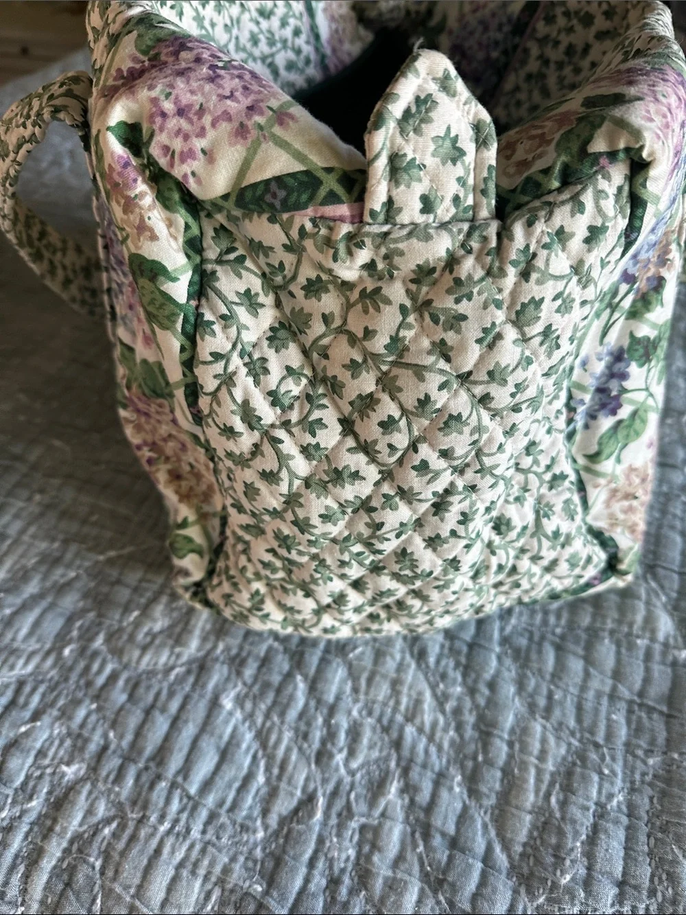 Vera Bradley Cream Quilted Tote with Green and Purple Floral Print - Picture 3 of 7